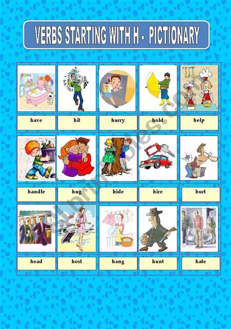 Verbs Starting With H Pictionary Esl Worksheet By Princesss