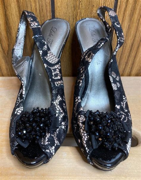 Woman LULU TOWNSEND Black Lace Jewel Peep Toe Slingback High Heel Shoes