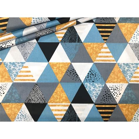 Tissu En Coton Triangles Bleus Gris Et Jaunes