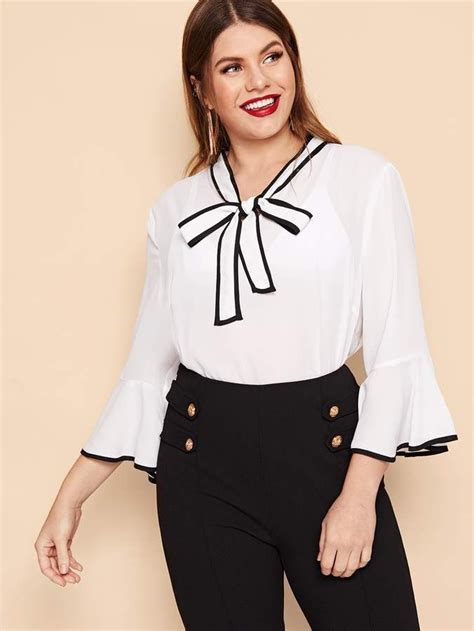 Sheinshein Plus Contrast Piping Tie Neck Blouse Plus Size Winter