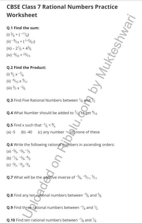 Rational Numbers Worksheet For Class 7 Maths Chapter 9 Class 8 Math