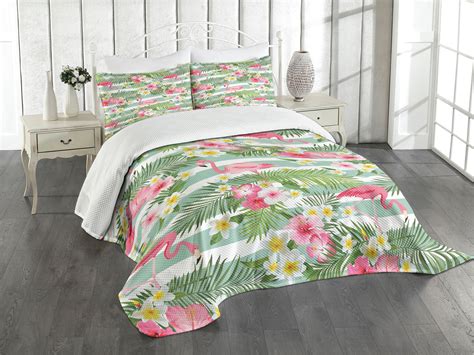 Ambesonne Flamingo Quilted Bedspread Set Pcs Exotic Hawaiian Leaf