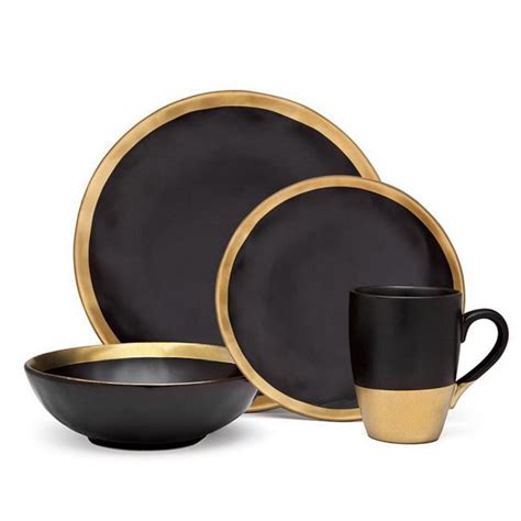 4 Piece Golden Onyx Porcelain Gold And Black Dining Dinner Dinnerware