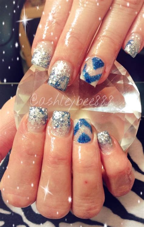 Blue And Silver Winter Nails With Chevron Accent Nail Accent Nails