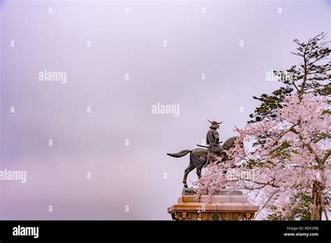 A Statue Of Masamune Date On Horseback Entering Sendai Castle In Full