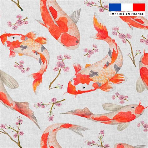 Popeline de coton peigné motif carpe japonaise aquarelle Tissus Price