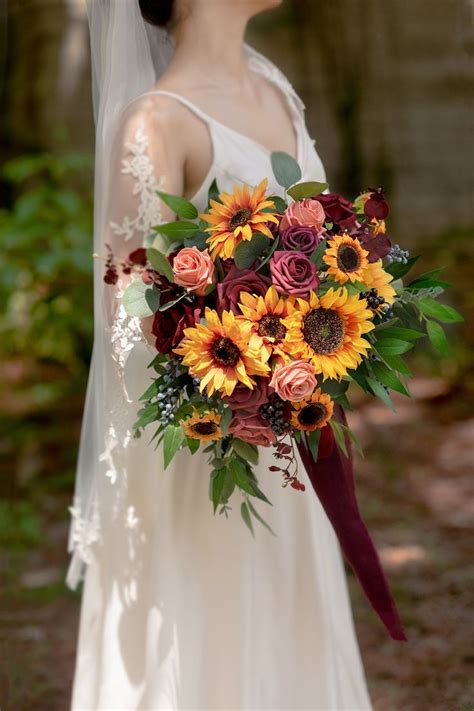 Large Free Form Bridal Bouquet In Sunflower Burgundy Sunflower