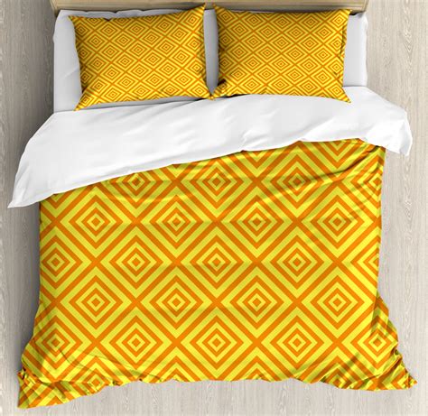 Orange And Yellow King Size Duvet Cover Set Geometrical Rhombus Grid Pattern With Stripes And