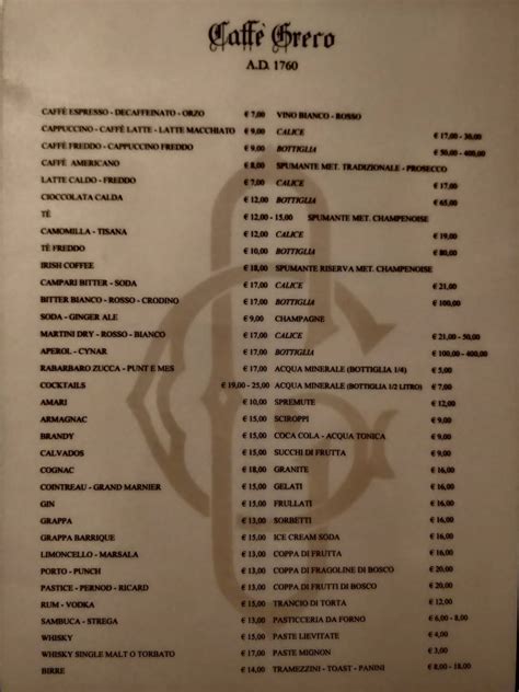 Menu Da Antico Caff Greco Caff Bar Roma Via Dei Condotti