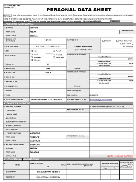 Cs Form No 212 Revised Personal Data Sheet New Pdf Passport