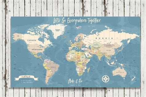 Blue World Travel Map Personalized Push Pin Map Canvas Pushpin Map