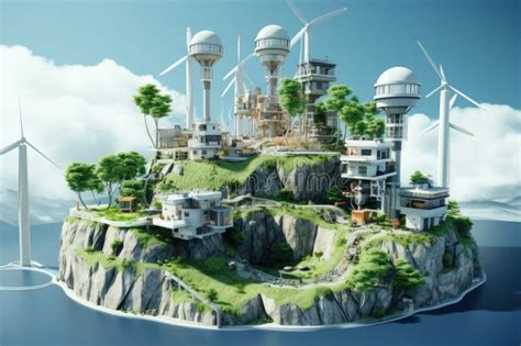 Eco City With Wind Turbines On The Island 3d Render Eco Alternative