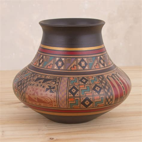 UNICEF Market Hand Painted Inca Style Ceramic Decorative Vase From