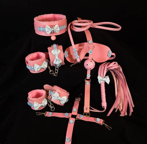 Pink Blue Full Ddlg Bdsm Set Collar Leash Handcuffs Etsy