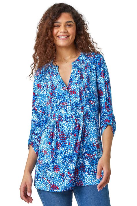 Roman Blue Abstract Spot V Neck Pintuck Stretch Top Matalan