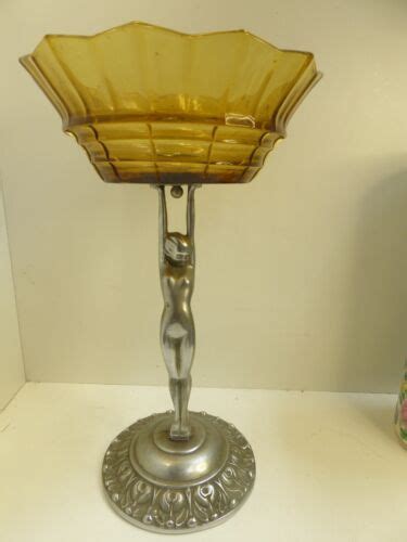 ORIGINAL ART DECO CHROMED BRASS DIANA NAKED LADY STATUE COMPORT AMBER GLASS BOWL EBay