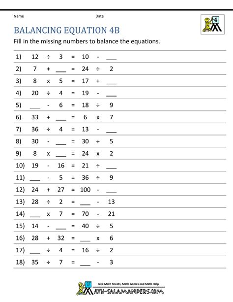 Balancing Math Equations Worksheets Samples