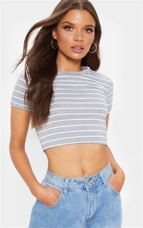 Basic Grey Stripe Fitted Crop T Shirt Tops Prettylittlething