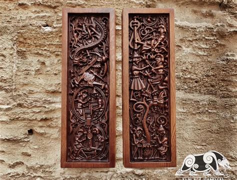 Siegfried And Fafnir Set Unique Wood Carving Viking Decor Oak Pendant