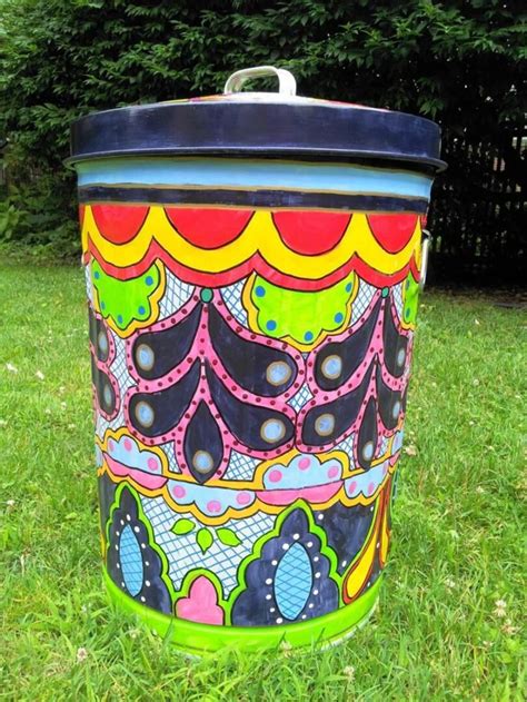 Hand Painted Trash Garbage Can Gallon Talavara Pattern Multi Bright