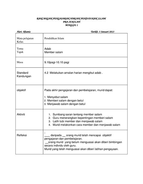 Docx Rancangan Pengajaran Harian Pendidikan Islam Pra Sekolah