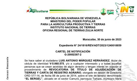 Inti Cartel De Notificaci N De Revocatoria A Luis Antonio M Rquez