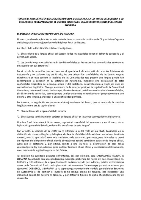 TEMA 8 EL Vascuence EN LA Comunidad Foral DE Navarra TEMA 8 EL