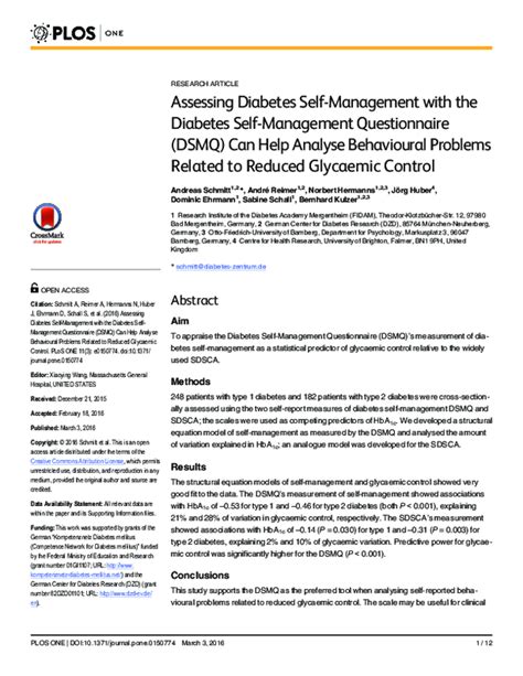 Pdf Assessing Diabetes Self Management With The Diabetes Self Management Questionnaire Dsmq