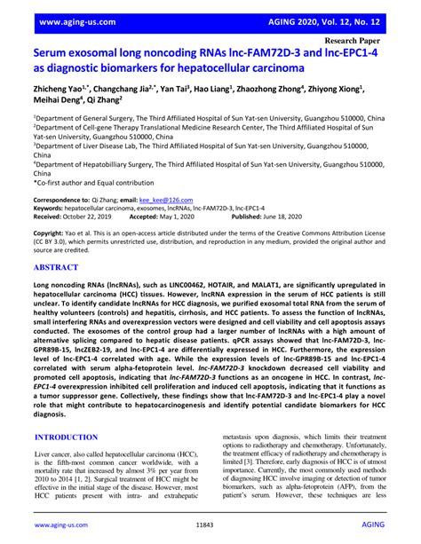 Pdf Serum Exosomal Long Noncoding Rnas Lnc Fam72d 3 And Lnc Epc1 4 As