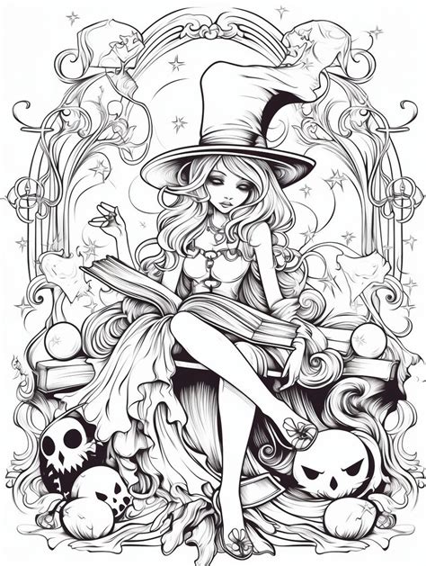 Witches Coloring Page For Adults And Teens Grayscale Coloring Etsy