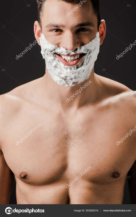 Cheerful Naked Man Shaving Foam Face Isolated Black Stock Photo