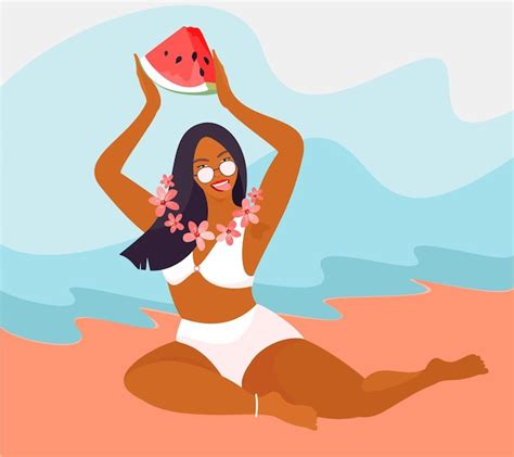 Pi Kna Kobieta W Bikini Odpoczywa I Opala Si Na Pla Y Z Soczystym Arbuzem W D Oniach Wektor