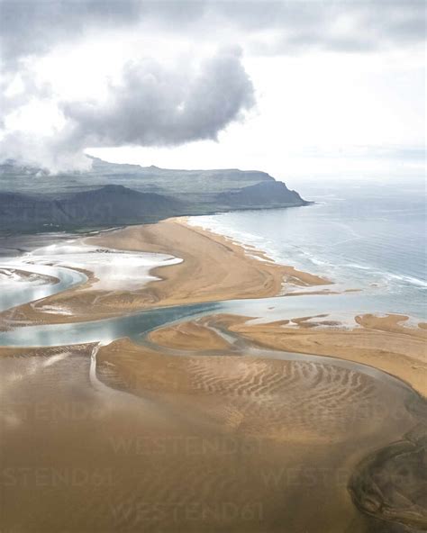 Aerial view of Raudisandur beach in Iceland. stock photo