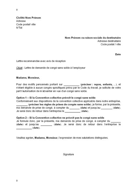 Exemple Gratuit De Lettre Demande Cong Sans Solde Employeur