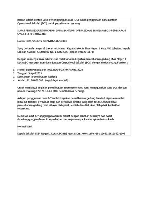 Contoh Surat Pertanggungjawaban Pdf