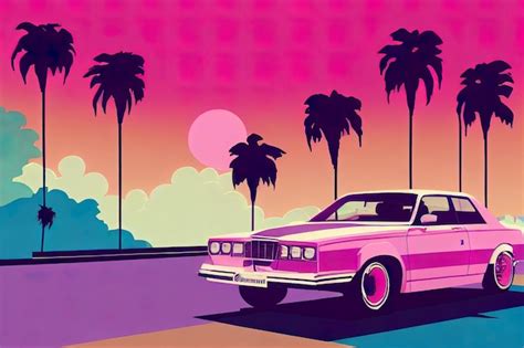 Arte dos anos 80 do estilo synthwave do carro da onda retrô Foto Premium