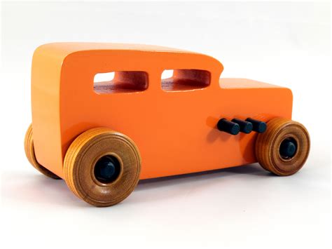 Handmade Wooden Toy Car Hot Rod 32 Sedan Painted High Gloss Pumpkin Orange With Black Trim