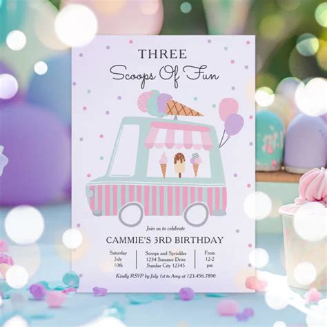 Ice Cream Truck Three Scoops Of Fun 3rd Birthday Invitation Zazzle