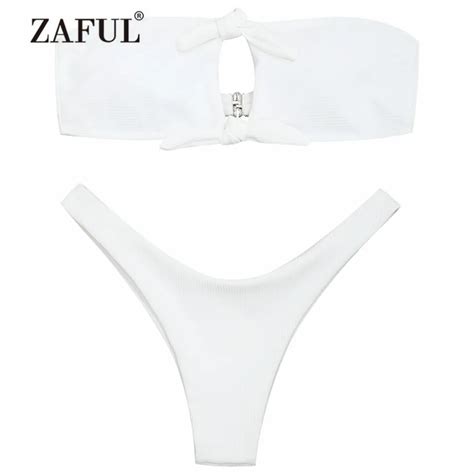 ZAFUL Bikini Tied High Cut Bandeau Padded Bikini Set Solid Ribbed Texture Women S Swimsuit