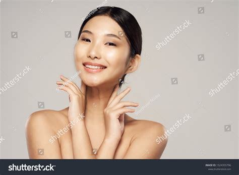 Cheerful Beautiful Woman Naked Shoulders Smile Stock Photo
