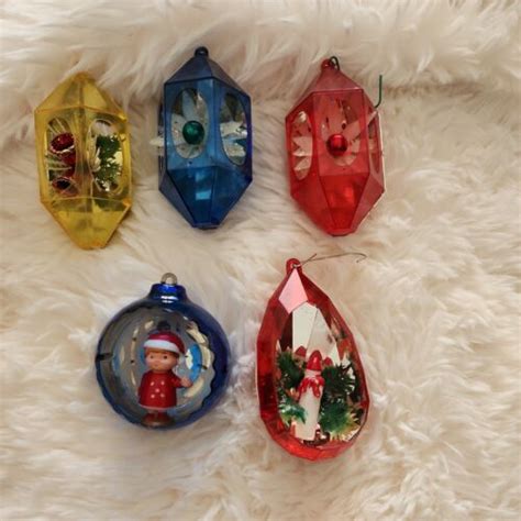 5 Vintage Jewel Brite Plastic 3d Diorama Christmas Ornaments Hexagon Ebay