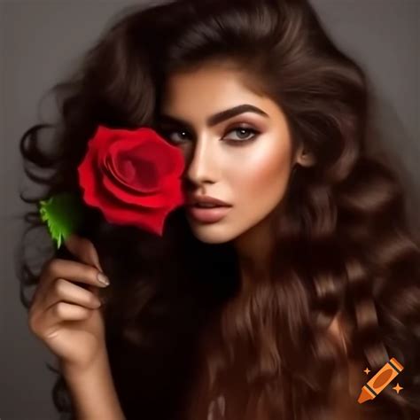 Woman With Long Brown Hair Smelling Red Rose On Craiyon