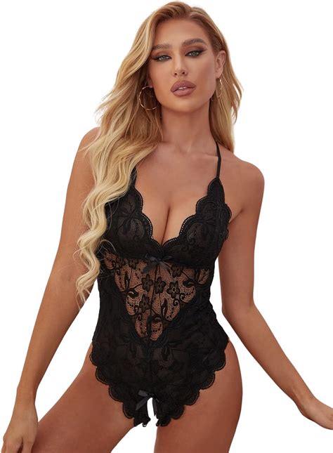 Amazon SOLY HUX Women S Floral Lace Scalloped Trim Criss Cross Back Lingerie Teddy Bodysuit