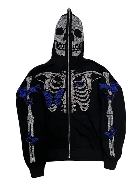 Jyyybf Y2k Skeleton Full Zip Up Hoodies Over Face Women Men Rhinestone