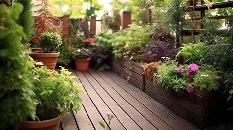 premium ai image  wooden deck  plants     potted plant