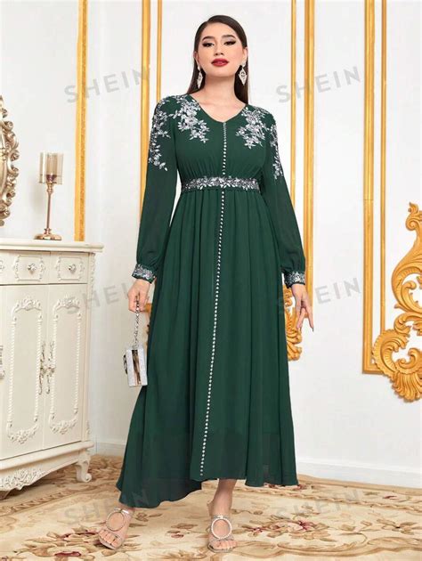 SHEIN Najma Floral Embroidery Lantern Sleeve Back Tie Arabian Dress