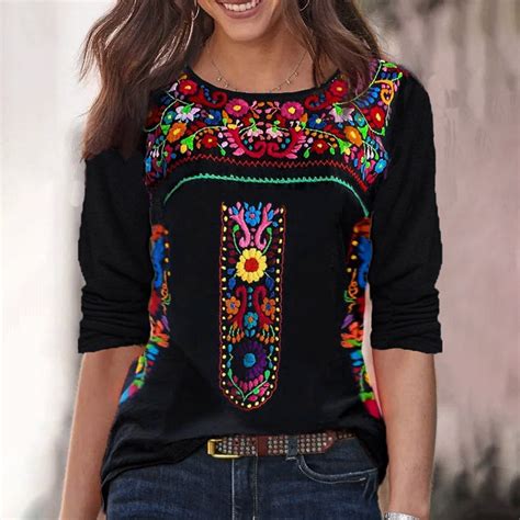 Lastesso Mexican Shirts For Women Long Sleeve Casual Embroidered Tops