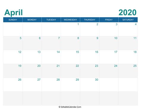 April 2020 Editable Calendar With Holidays