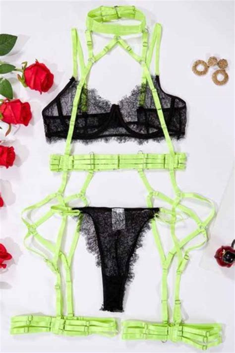 Sexy Sheer Lace Halter Neck Four Piece Lingerie Set WoW Garments