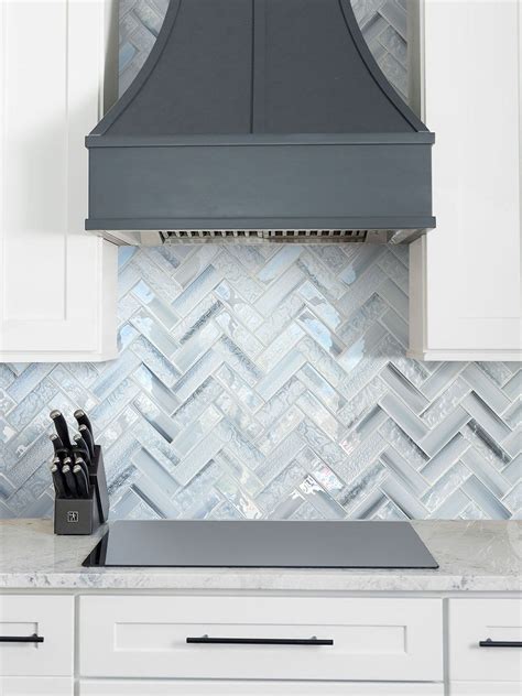 Blue Glass Large Herringbone Mosaic Backsplash Tile Blue Backsplash